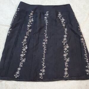 Loft‎ Black Linen Blend White Floral Embroidery Office Work Knee Length Skirt 14